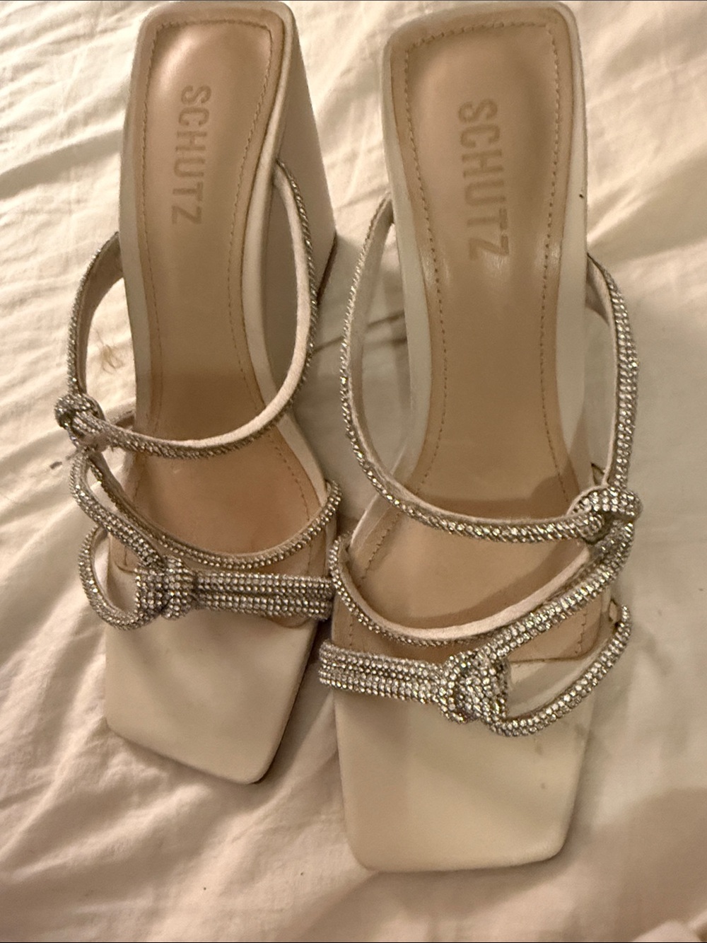 SCHUTZ Ivory Rhinestone Knot Strap Heels